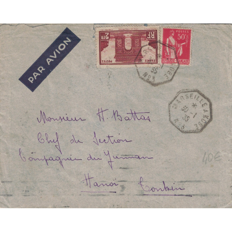 PAIX -ARC DE TRIOMPHE - MARSEILLE A KOBE N°3 - LETTRE BATEAU AVION DU 30-1-1935 POUR LE TONKIN.
