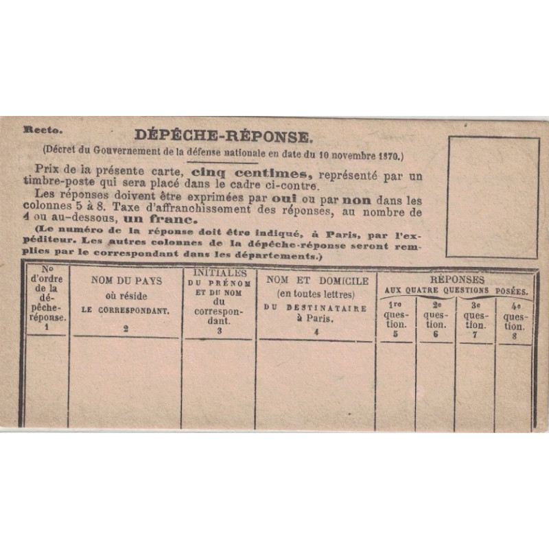 DEPECHE-REPONSE - NEUVE - DESTINEE AU REPONSE PAR PIGEONS POUR PARIS.