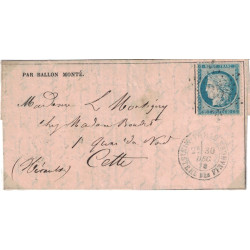 BALLON MONTE - L'ARMEE DE LA LOIRE - POUR CETTE - HERAULT - CERES SIEGE N°37 - PARIS MINISTERE DES FINANCES - LE 30-12-1870.