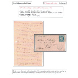 BALLON MONTE - L'ARMEE DE LA LOIRE - POUR CETTE - HERAULT - CERES SIEGE N°37 - PARIS MINISTERE DES FINANCES - LE 30-12-1870.