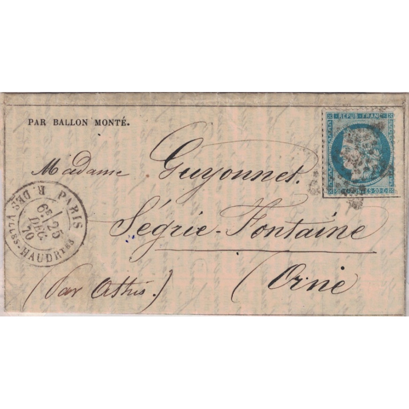 BALLON MONTE - LE TROUVILLE - POUR SEGRIE-FONTAINE - ORNE - CERES SIEGE N°37 - PARIS R.DES Vlles-HAUDRtes - LE 25-12-1870.