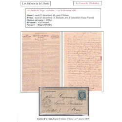 BALLON MONTE - LE TROUVILLE - POUR SEGRIE-FONTAINE - ORNE - CERES SIEGE N°37 - PARIS R.DES Vlles-HAUDRtes - LE 25-12-1870.