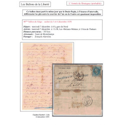 BALLON MONTE - L'ARMEE DE BRETAGNE - POUR LILLE - NORD - EMPIRE N°29 - PARIS - LE 7-12-1870.