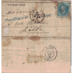 BALLON MONTE - L'ARMEE DE BRETAGNE - POUR LILLE - NORD - EMPIRE N°29 - PARIS - LE 7-12-1870.