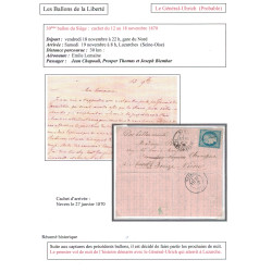 BALLON MONTE - GENERAL ULRICH - POUR DECIZE - NIEVRE - CERES SIEGE N°37 - PARIS PLACE DE LA BOURSE - LE 13-11-1870.