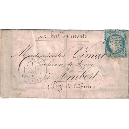 BALLON MONTE - GENERAL ULRICH - POUR AMBERT - PUY DE DOME - CERES SIEGE N°37 - PARIS - LE 12-11-1870.