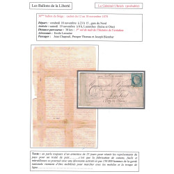 BALLON MONTE - GENERAL ULRICH - POUR AMBERT - PUY DE DOME - CERES SIEGE N°37 - PARIS - LE 12-11-1870.