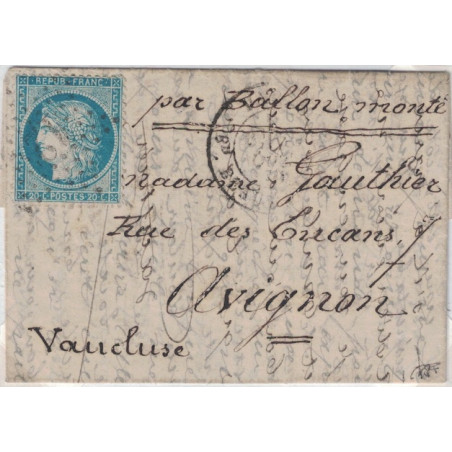 BALLON MONTE - LE FULTON - POUR AVIGNON - VAUCLUSE - CERES SIEGE N°37 - PARIS - LE 29-10-1870.