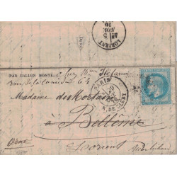BALLON MONTE - LE FULTON - POUR LORIENT - MORBIHAN - CERES SIEGE N°37 - PARIS R.DE CLERY - LE 29-10-1870.