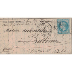 BALLON MONTE - LE FULTON - POUR LORIENT - MORBIHAN - CERES SIEGE N°37 - PARIS R.DE CLERY - LE 29-10-1870.