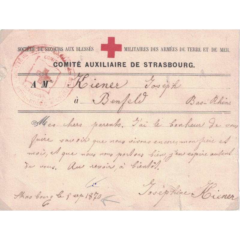 CARTE DU COMITE AUXILIAIRE DE STRASBOURG - LE 5 SEPTEMBRE 1870.