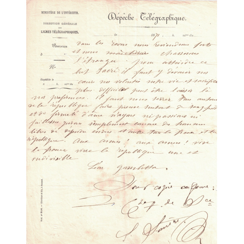DEPECHE TELEGRAPHIQUE - MINISTERE DE L'INTERIEUR - DIRECTION DES LIGNE TELEGRAPHIQUE - SIGNE LEON GAMBETTA.