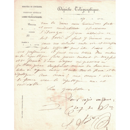 DEPECHE TELEGRAPHIQUE - MINISTERE DE L'INTERIEUR - DIRECTION DES LIGNE TELEGRAPHIQUE - SIGNE LEON GAMBETTA.