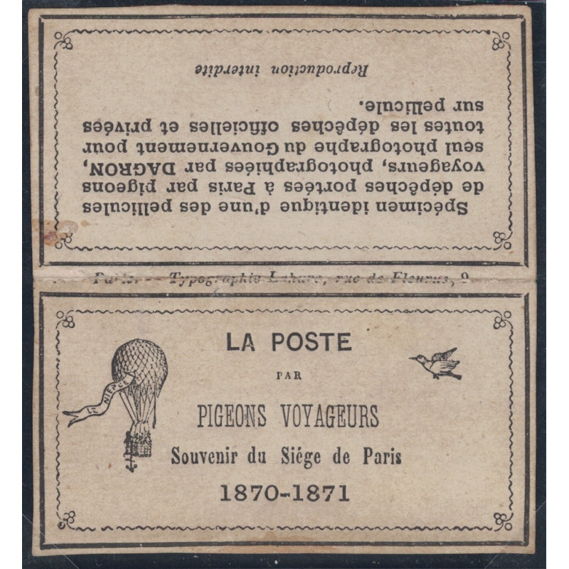 POCHETTE LA POSTE PAR PIGEONS VOYAGEURS - PREVU CERTAINEMENT POUR CONTENIR UNE DEPECHE MICROPHOTOGRAPHIQUE - RARE.