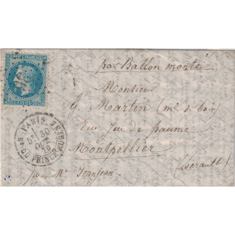 BALLON MONTE - LE FULTON - POUR MONTPELLIER - HERAULT - EMPIRE N°29 - ETOILE 36 - PARIS Bd DU PRINCE EUGENE - LE 30-10-1870.
