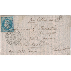 BALLON MONTE - LE VICTOR HUGO - POUR MONTPELLIER - HERAULT - EMPIRE N°29 - PARIS Bd DU PRINCE EUGENE - LE 16-10-1870.