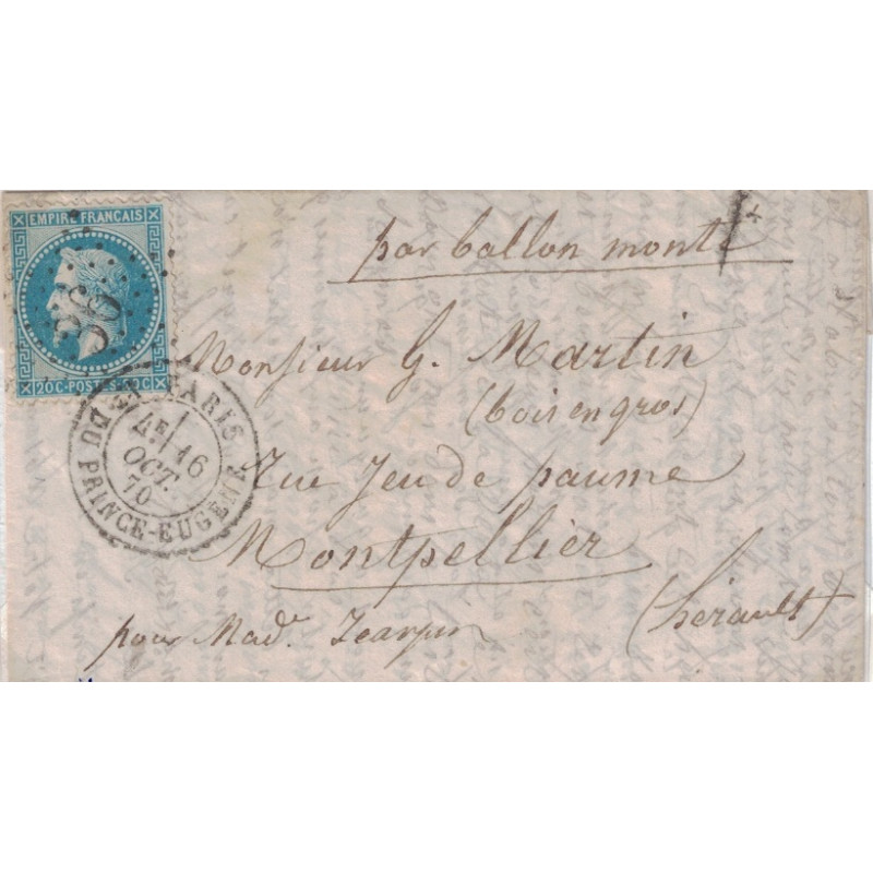 BALLON MONTE - LE VICTOR HUGO - POUR MONTPELLIER - HERAULT - EMPIRE N°29 - PARIS Bd DU PRINCE EUGENE - LE 16-10-1870.