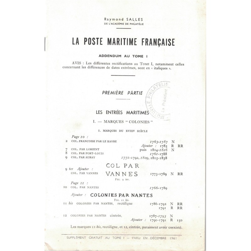 LA POSTE MARITIME FRANCAISE - ADDENTUM AU TOME 1 - RAYMOND SALLES - 1961.