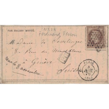 BALLON MONTE - LE FERDINAND-FLOCON - DEVANT DE LETTRE - POUR GENEVE - SUISSE - EMPIRE N°30 - PARIS (60) - LE 3-11-1870.