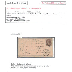 BALLON MONTE - LE FERDINAND-FLOCON - DEVANT DE LETTRE - POUR GENEVE - SUISSE - EMPIRE N°30 - PARIS (60) - LE 3-11-1870.