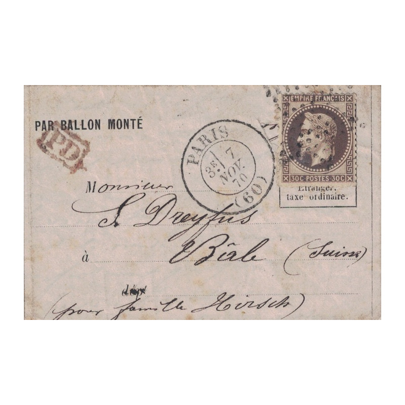 BALLON MONTE - GIRONDE - POUR BÂLE - SUISSE - EMPIRE N°30 - PARIS (60) - LE 3-11-1870 - TIMBRE RAJOUTE..