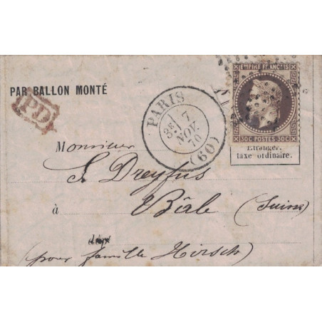BALLON MONTE - GIRONDE - POUR BÂLE - SUISSE - EMPIRE N°30 - PARIS (60) - LE 3-11-1870 - TIMBRE RAJOUTE..