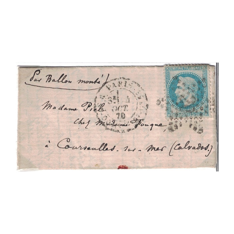BALLON MONTE - L'ARMAND-BARBES (PROBABLE) - POUR COURSEULLES SUR MER - CALVADOS - EMPIRE N°29 - PARIS - LE 4-10-1870.