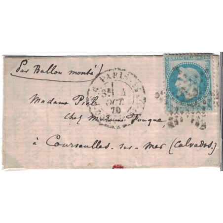 BALLON MONTE - L'ARMAND-BARBES (PROBABLE) - POUR COURSEULLES SUR MER - CALVADOS - EMPIRE N°29 - PARIS - LE 4-10-1870.