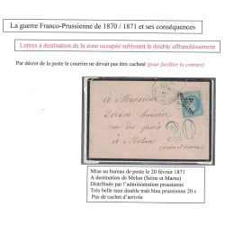 GUERRE 1870/1871 - PARIS - HOTEL DE VILLE POUR MELUN EN ZONE OCCUPEE - TAXE 20 DOUBLE TRAIT BLEU - 20-2-1871.