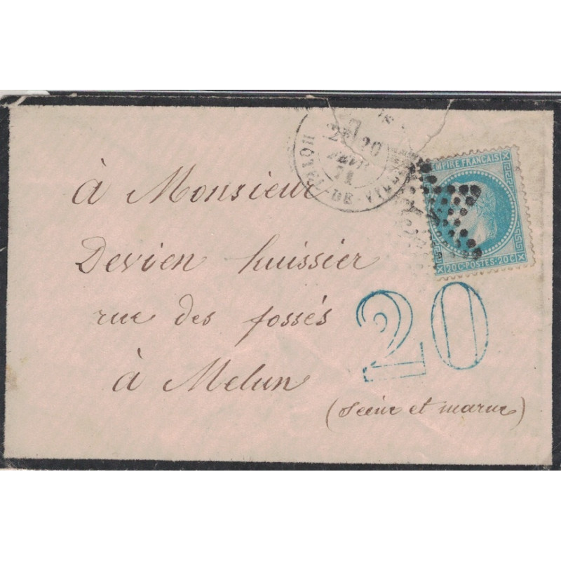 GUERRE 1870/1871 - PARIS - HOTEL DE VILLE POUR MELUN EN ZONE OCCUPEE - TAXE 20 DOUBLE TRAIT BLEU - 20-2-1871.