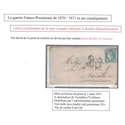 GUERRE 1870/1871 - PARIS - POUR VERSAILLES EN ZONE OCCUPEE - TAXE 20 DOUBLE TRAIT BLEU - 1-3-1871.