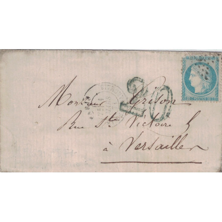 GUERRE 1870/1871 - PARIS - POUR VERSAILLES EN ZONE OCCUPEE - TAXE 20 DOUBLE TRAIT BLEU - 1-3-1871.