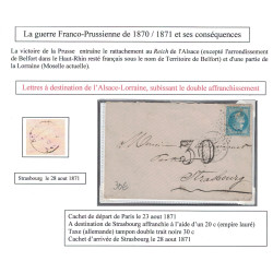 GUERRE 1870/1871 - PARIS - POUR STRASBOURG EN ZONE OCCUPEE - TAXE 30 DOUBLE TRAIT - 23-8-1871.