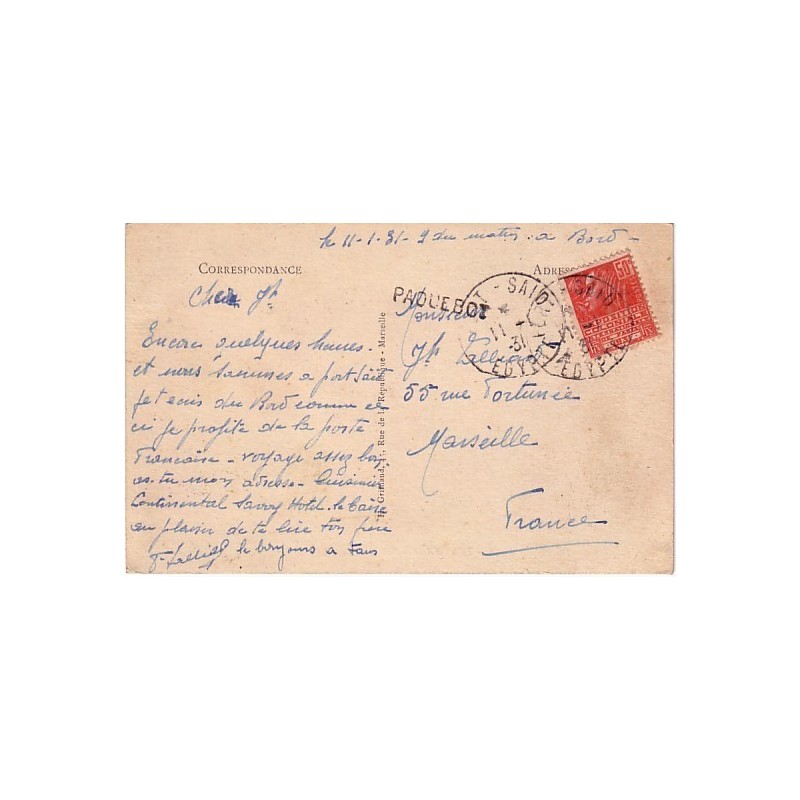 BFE - GRIFFE PAQUEBOT - CACHET A DATE PORT SAID DU 11-1-1931