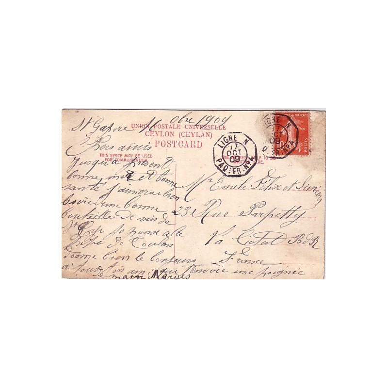 LIGNE N - PAQ.FR.No4 DU 17 OCTOBRE 1909 SUR 10c SEMEUSE.