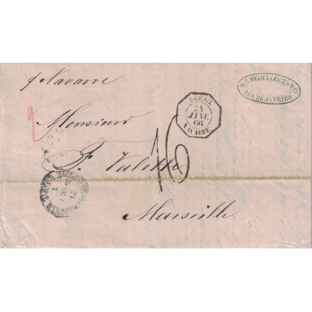 BRESIL - RIO DE JANEIRO - PAR STEAMER NAVARRE - CACHET OCTOGANAL BRESIL NAVARE DU 24-4-1866 - TAXE 16 POUR MARSEILLE.