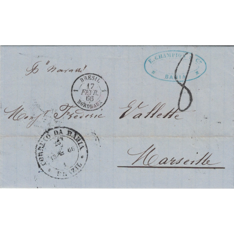 BRESIL - BAHIA - PAR STEAMER NAVARRE MANUSCRIT - CACHET 1 BRESIL 1 BORDEAUX DU 17-2-1866 - TAXE 8 POUR MARSEILLE.