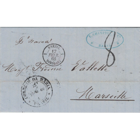 BRESIL - BAHIA - PAR STEAMER NAVARRE MANUSCRIT - CACHET 1 BRESIL 1 BORDEAUX DU 17-2-1866 - TAXE 8 POUR MARSEILLE.
