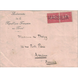 SEMEUSE - GRIFFE LINEAIRE DU PAQUEBOT - MASSILIA - ENVELOPPE ENTETE AMBASSADE DE LA REPUBLIQUE FRANCAISE AU BRESIL EN 1929.