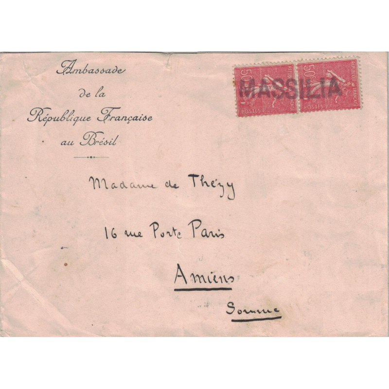 SEMEUSE - GRIFFE LINEAIRE DU PAQUEBOT - MASSILIA - ENVELOPPE ENTETE AMBASSADE DE LA REPUBLIQUE FRANCAISE AU BRESIL EN 1929.