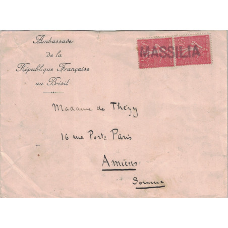 SEMEUSE - GRIFFE LINEAIRE DU PAQUEBOT - MASSILIA - ENVELOPPE ENTETE AMBASSADE DE LA REPUBLIQUE FRANCAISE AU BRESIL EN 1929.