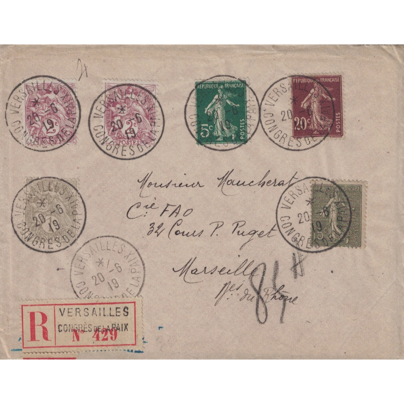 SEMEUSE - TYPE BLANC - VERSAILLES - CONGRES DE LA PAIX - LETTRE RECOMMANDEE DU 20-6-1919.