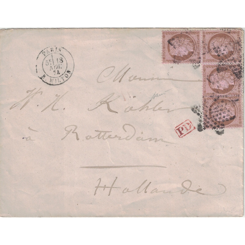 PARIS - R.MILTON - CERES - N°58x4 DONT BANDE EN ANGLE DE TROIS - LETTRE POUR LA HOLLANDE LE 18 NOVEMBRE 1874.
