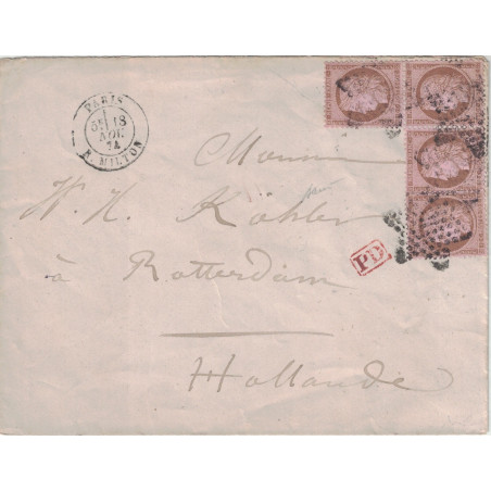 PARIS - R.MILTON - CERES - N°58x4 DONT BANDE EN ANGLE DE TROIS - LETTRE POUR LA HOLLANDE LE 18 NOVEMBRE 1874.