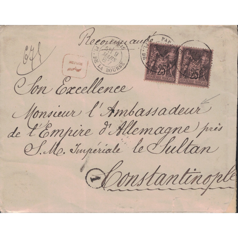 PARIS PL DE LA BOURSE - SAGE N°97 EN PAIRE SUR LETTRE RECOMMANDEE POUR SON EXCELLENCE L'AMBASSADEUR DE L'EMPIRE D'ALLEMAGNE.