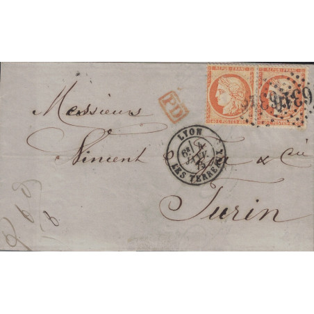 RHONE - LYON - CERES DU SIEGE - N°38x2 SUR LETTRE POUR TURIN - 4 JANVIER 1875