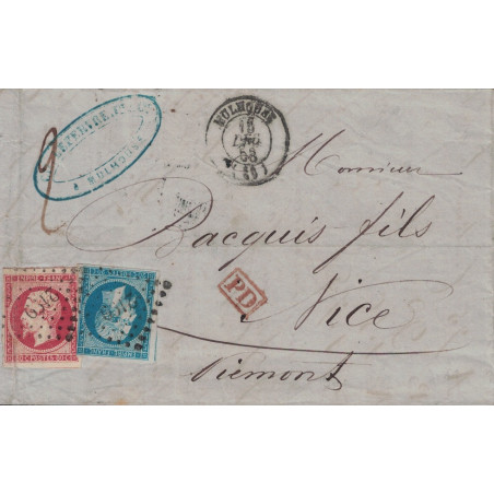 HAUT RHIN - MULHOUSE - EMPIRE N°14 ET 17A OBLITERATION PC2190 SUR LETTRE POUR NICE PIEMONT LE 15 DECEMBRE 1858.