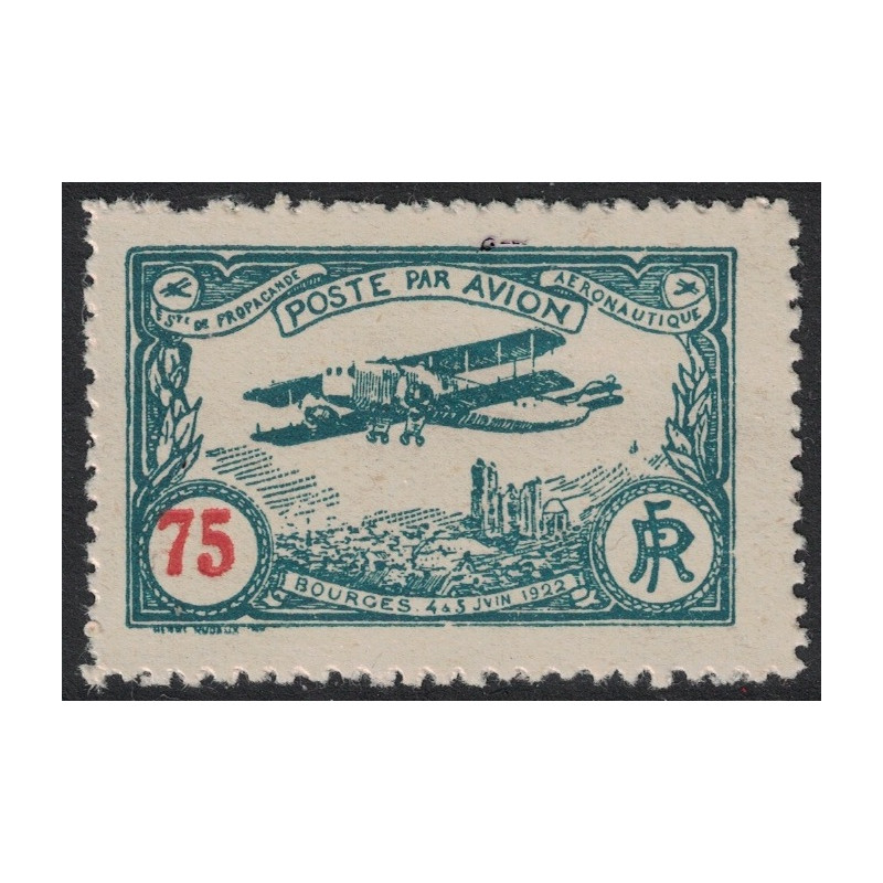 VIGNETTE - POSTE AERIENNE - MEETING DE BOURGES - DU 4 AU 6 JUIN 1922 - N°5 VIGNETTE SEMI OFFICIELLE 75c NEUVE - COTE 15€.
