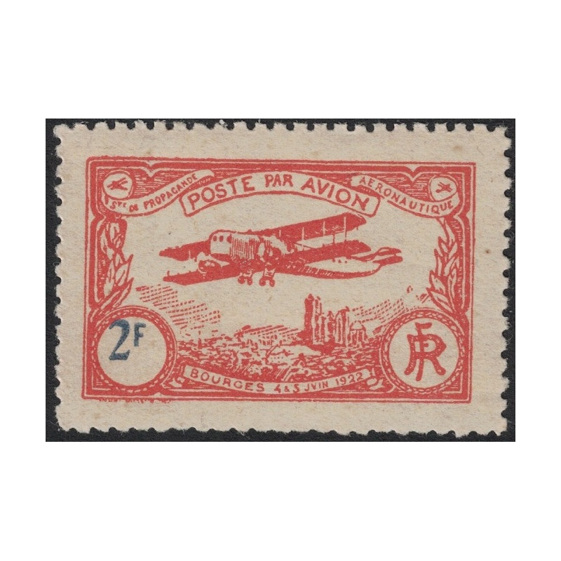 VIGNETTE - POSTE AERIENNE - MEETING DE BOURGES - DU 4 AU 6 JUIN 1922 - N°7 VIGNETTE SEMI OFFICIELLE 2F NEUVE - COTE 20€.
