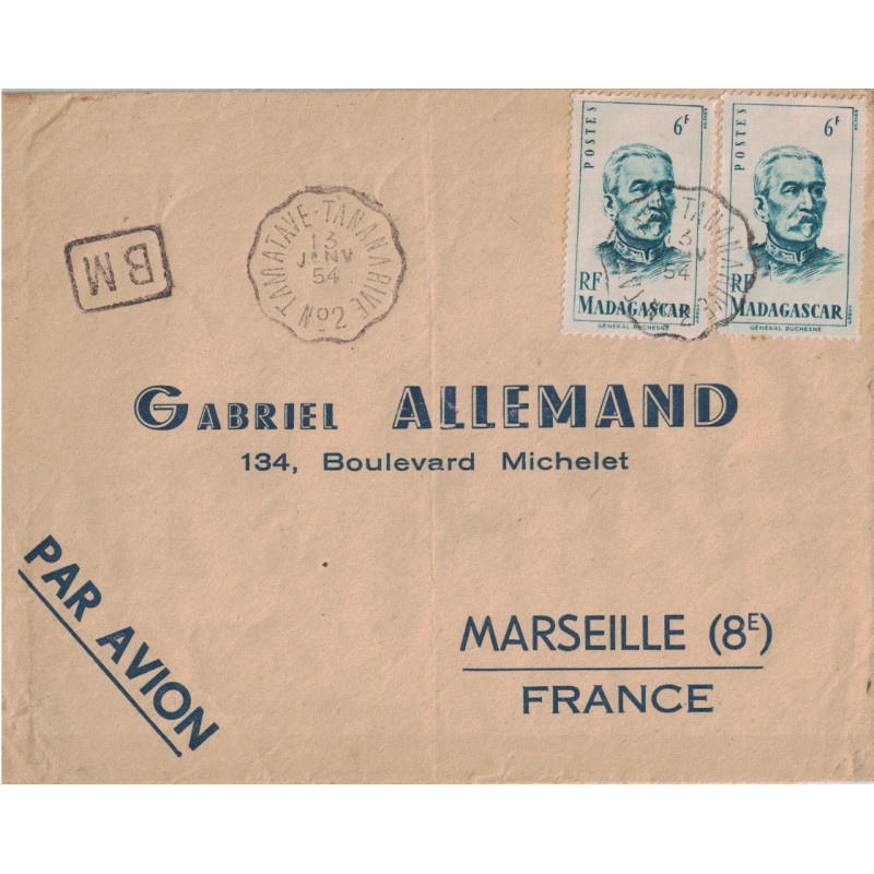 MADAGASCAR - CONVOYEUR LIGNE - TAMATAVE TANANARIVE N°2 - BM (DANS UN CADRE)-  13 JANVIER 1954 - LETTRE POUR LA FRANCE.